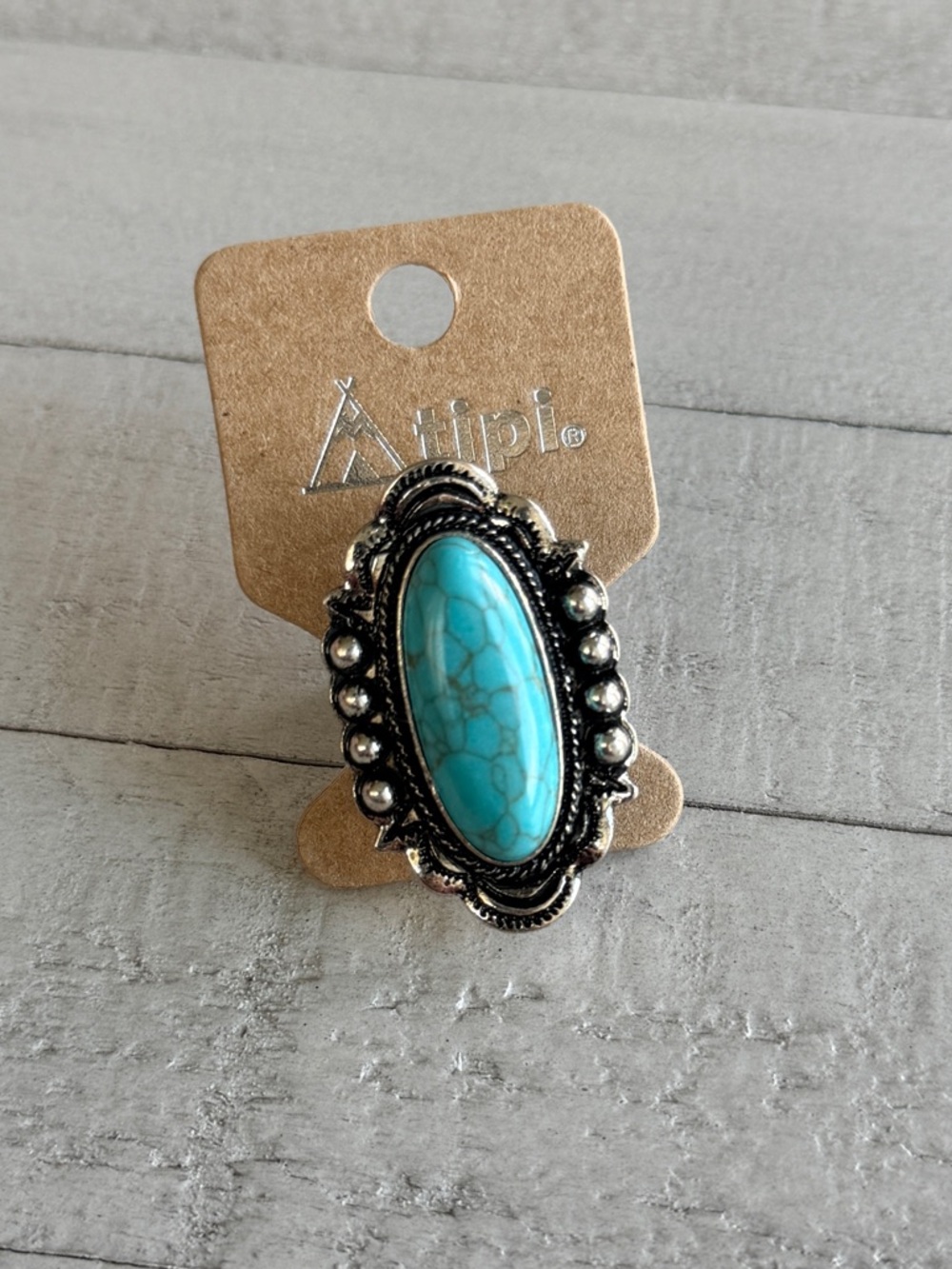 Turquoise Stone Silver-Tone Statement Adjustable Ring Western New